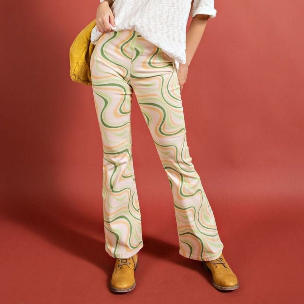 easel Swirl Print Skinny Flare Pants in Cream, Green & Pink